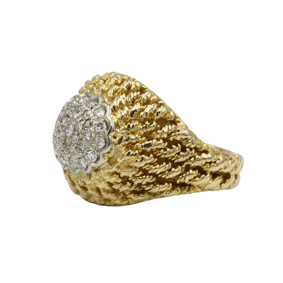 bague retro en or jaune 750 "tresses" et diamants environ 0.50 carats total années 7O - Castafiore