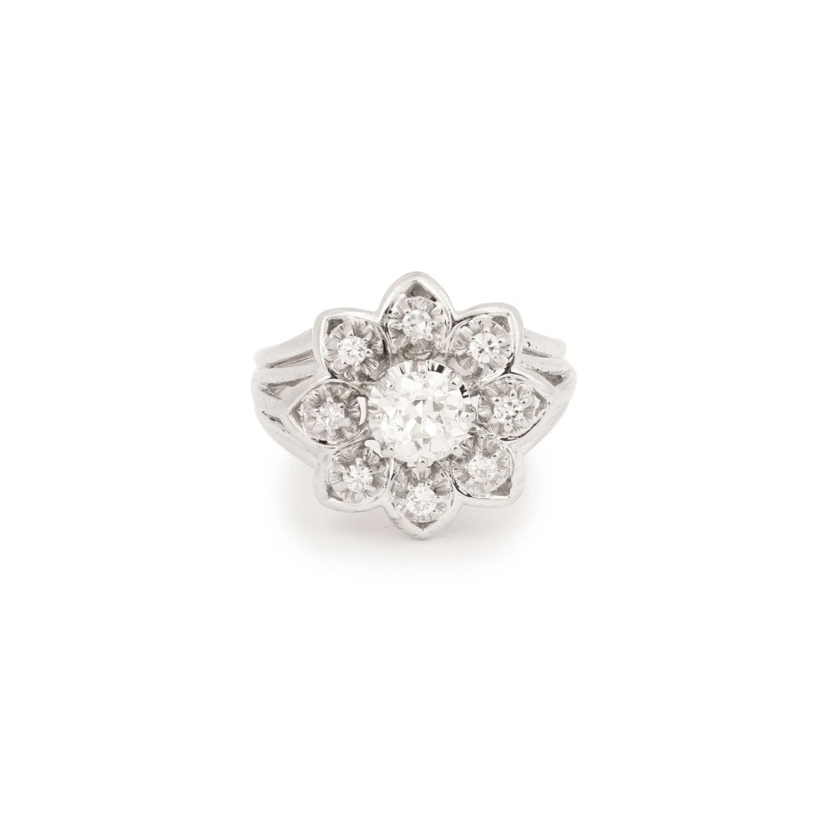 Bague Retro Marguerite Diamants 1.15 Carats Platine Or Gris 18 Carats - Castafiore