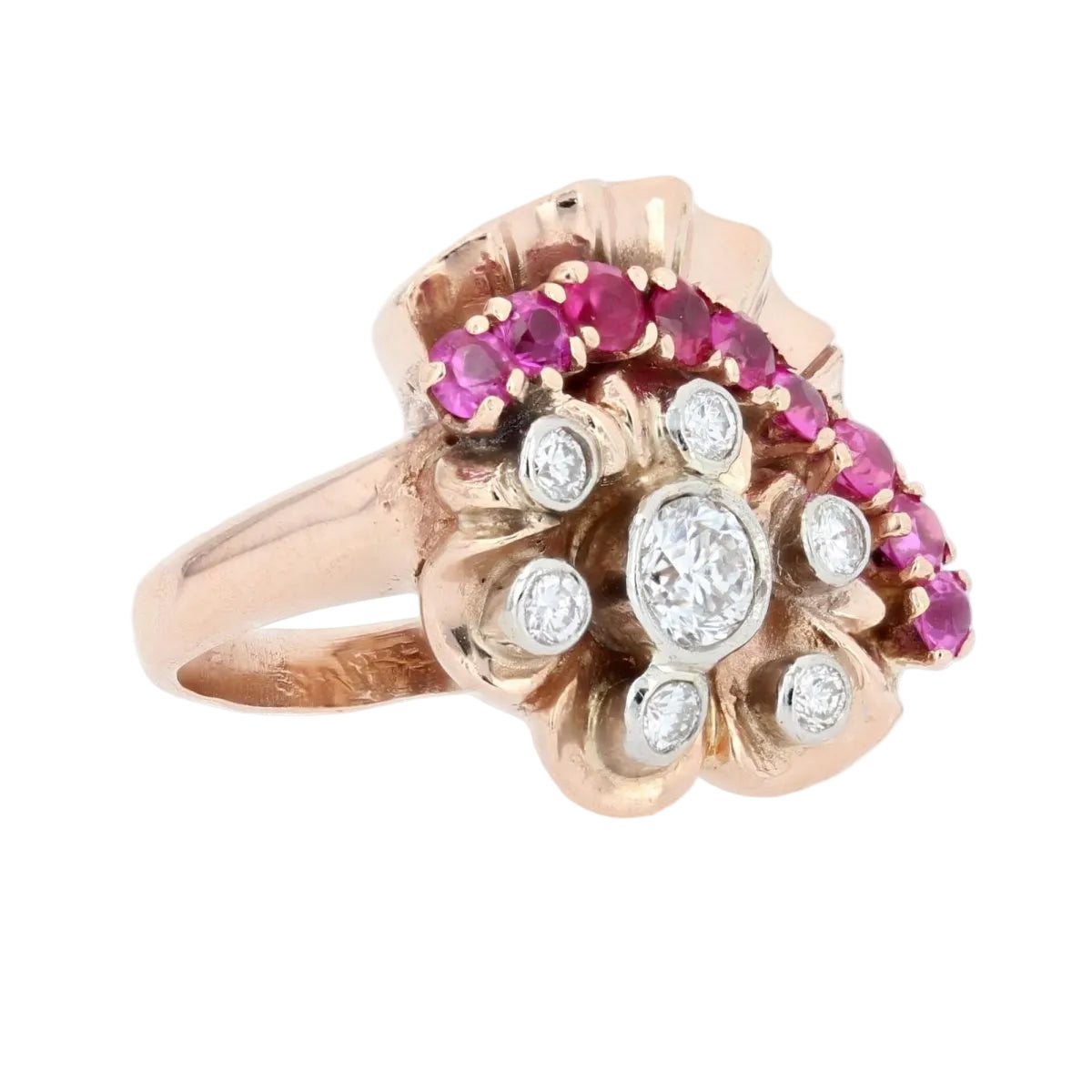 Bague rétro or rose diamants rubis - Castafiore