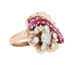 Bague rétro or rose diamants rubis - Castafiore