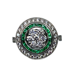 Bague ronde en or 18 carats en émeraudes et diamants de style ART DECO