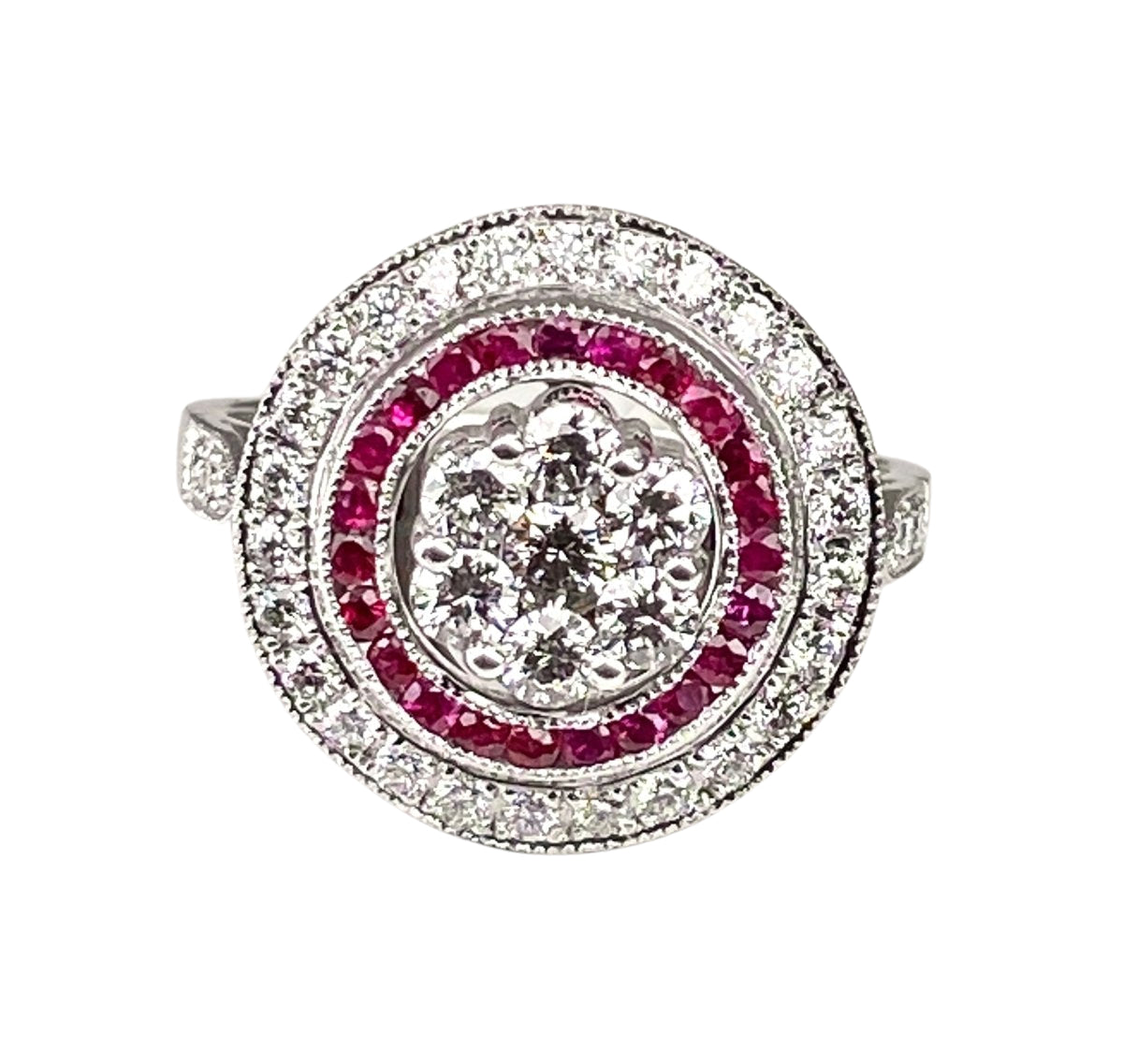 Bague ronde en or blanc 18 carats en diamants et rubis - Castafiore