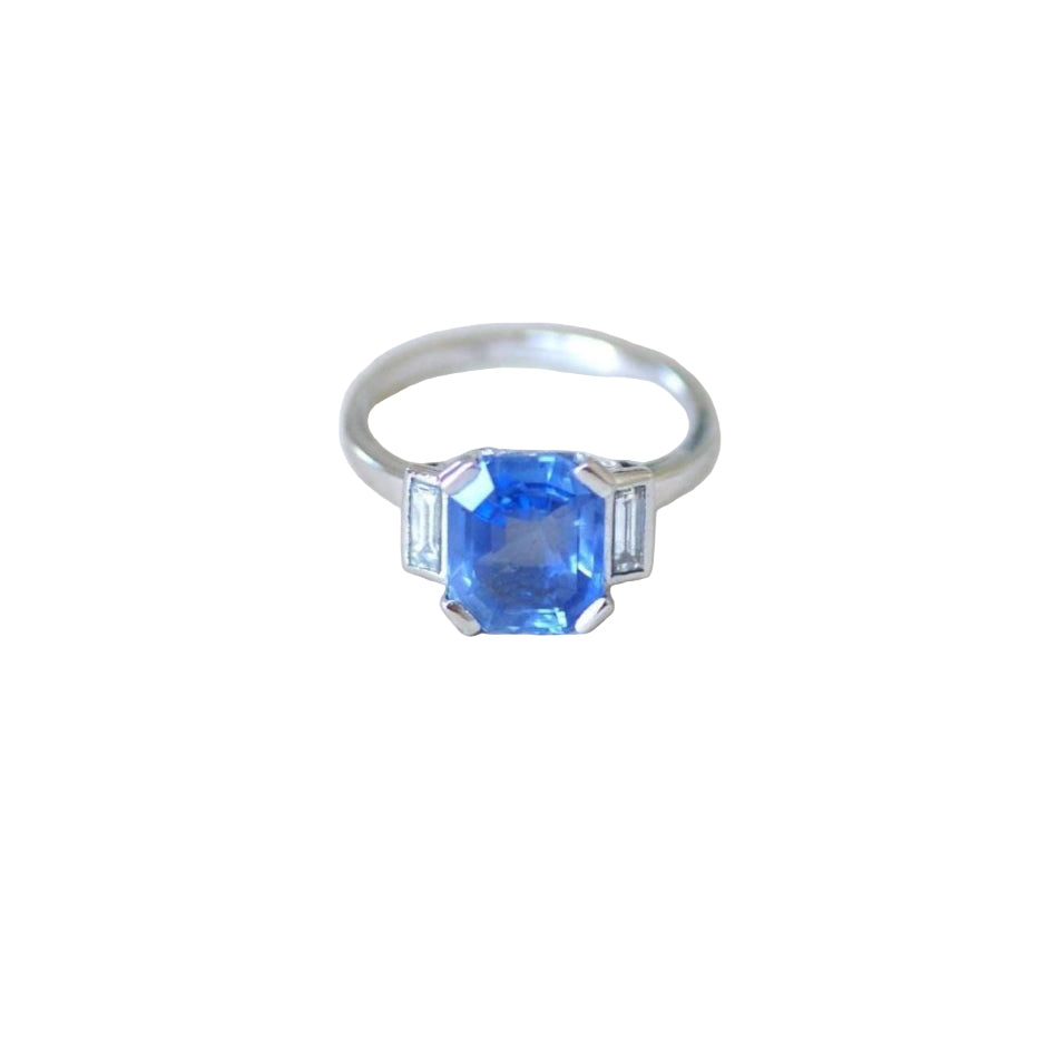 Bague Saphir Ceylan Non Chauffé 4,00 Cts et Diamants Baguettes - Castafiore