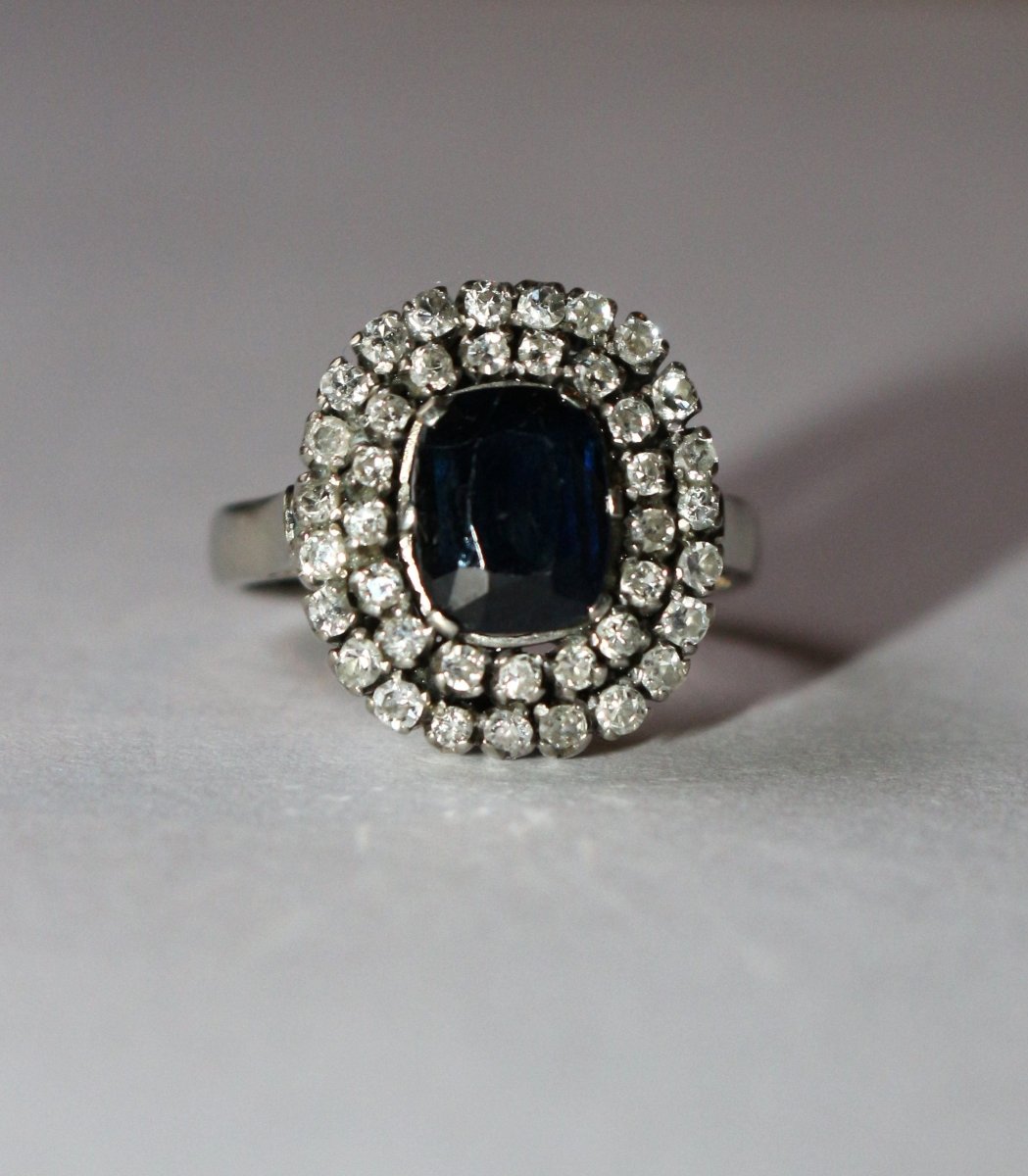 Bague Saphir Double Entourage Diamants Or Blanc - Castafiore