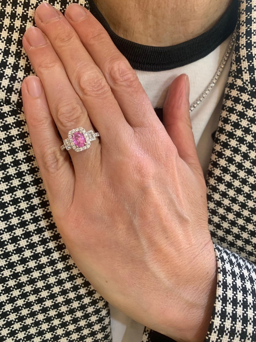 Bague Saphir Rose Diamants Or Gris 18 Carats - Castafiore