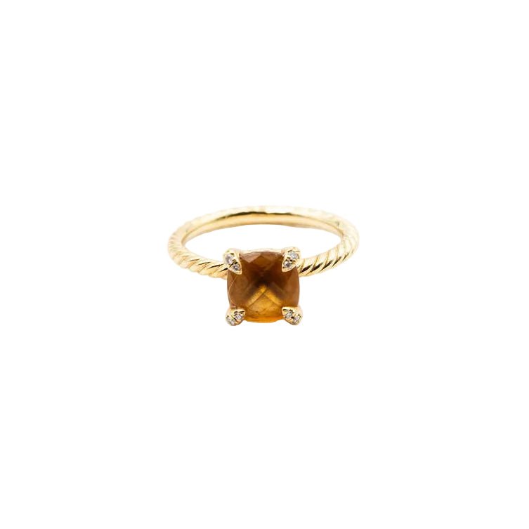 Bague Solitaire DAVID YURMAN "Chatelaine" en or jaune, citrine et diamants - Castafiore