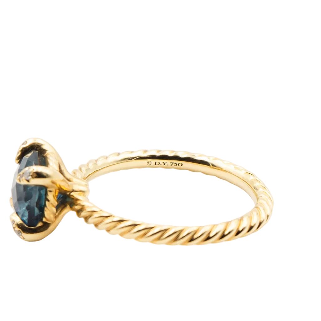 Bague Solitaire DAVID YURMAN "Chatelaine" en or jaune, topaze bleue et diamants - Castafiore