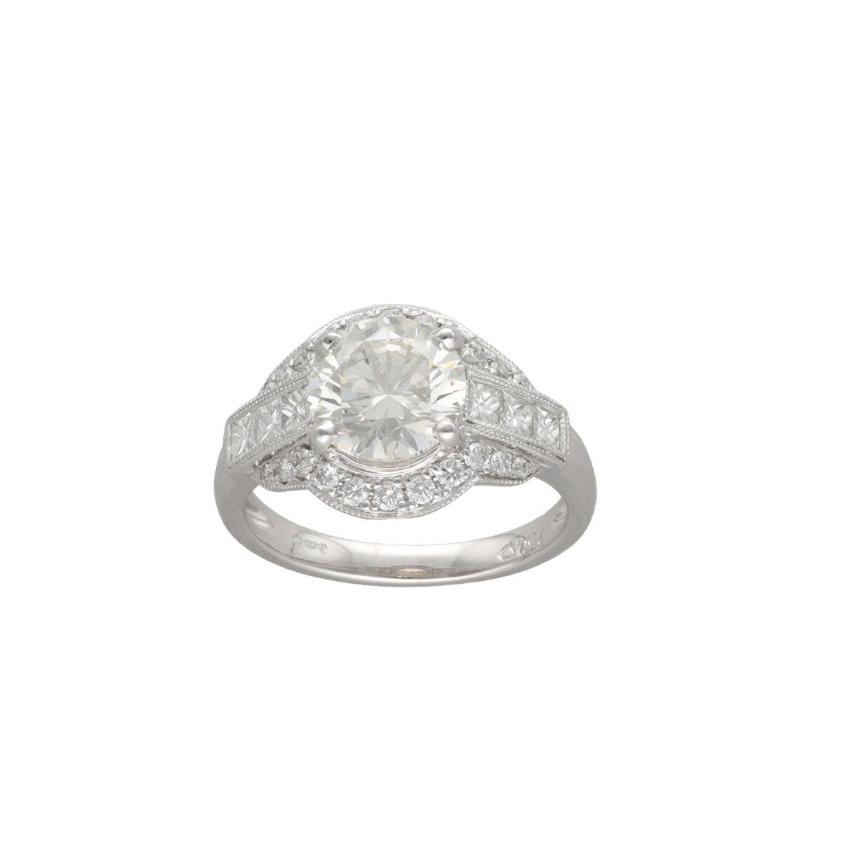 Solitaire diamond 2.20 ct K-SI2 HRD & diamonds 0.71 ct G-VS - 18k White Gold - Size 54