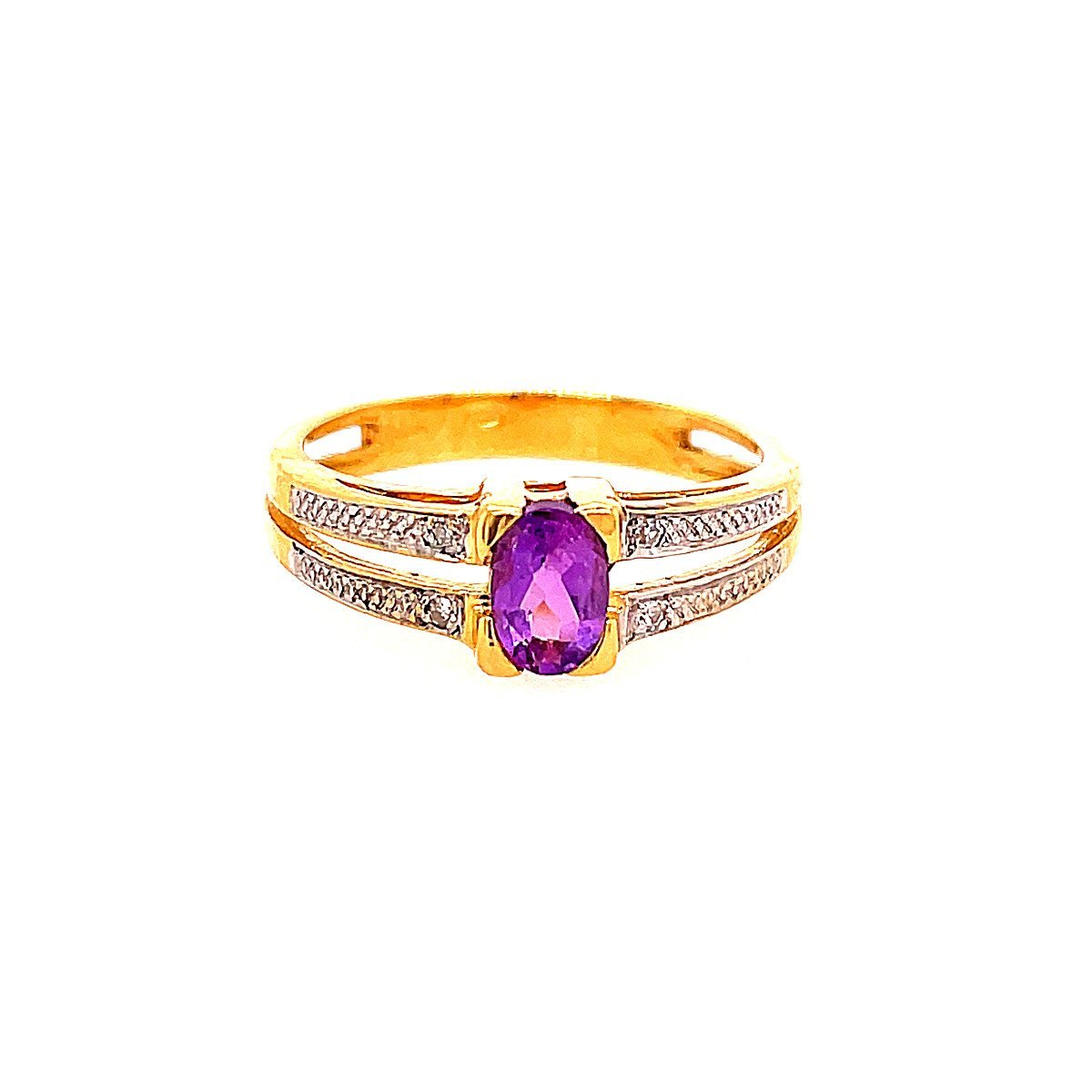 Bague Solitaire en or jaune, or blanc, améthyste, et diamants - Castafiore