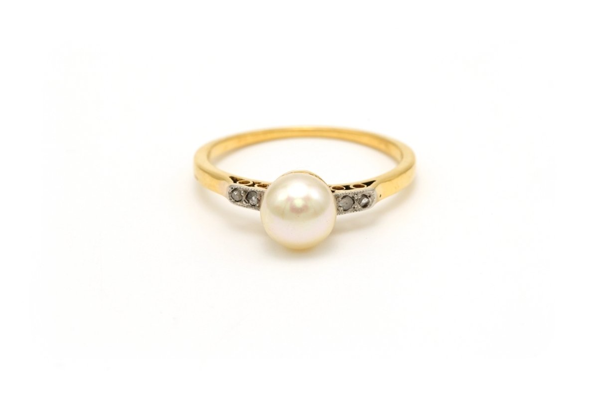 Bague Solitaire en or jaune, perle et diamants - Castafiore