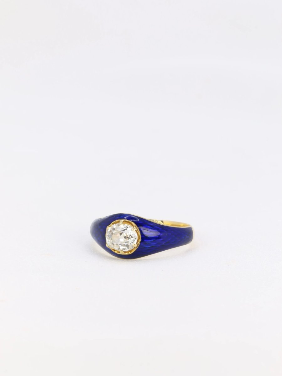 Bague solitaire or jaune diamant émail bleu - Castafiore