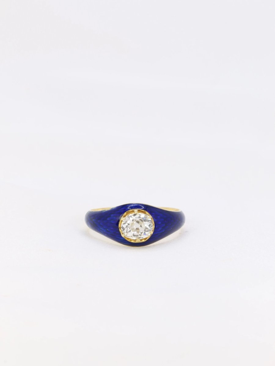 Bague solitaire or jaune diamant émail bleu - Castafiore