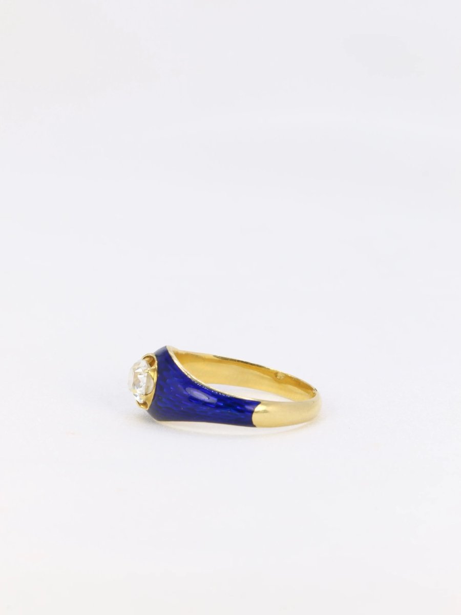 Bague solitaire or jaune diamant émail bleu - Castafiore