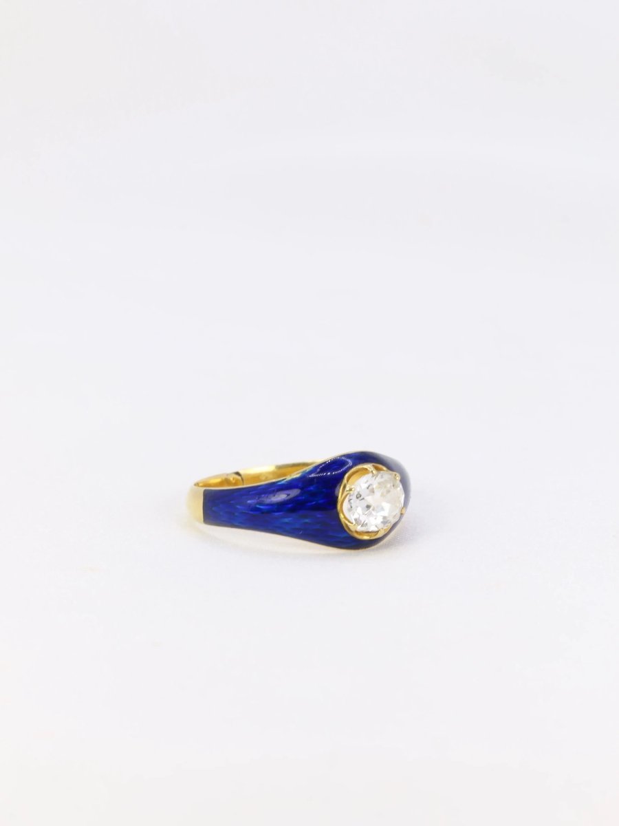 Bague solitaire or jaune diamant émail bleu - Castafiore