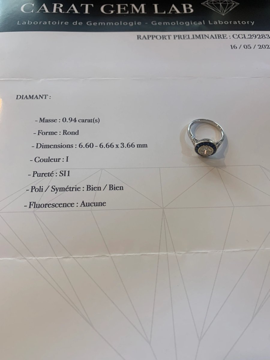 Bague Style Art Déco Diamants 1 Carats Saphirs Or Gris 18 Carats (Certificat) - Castafiore