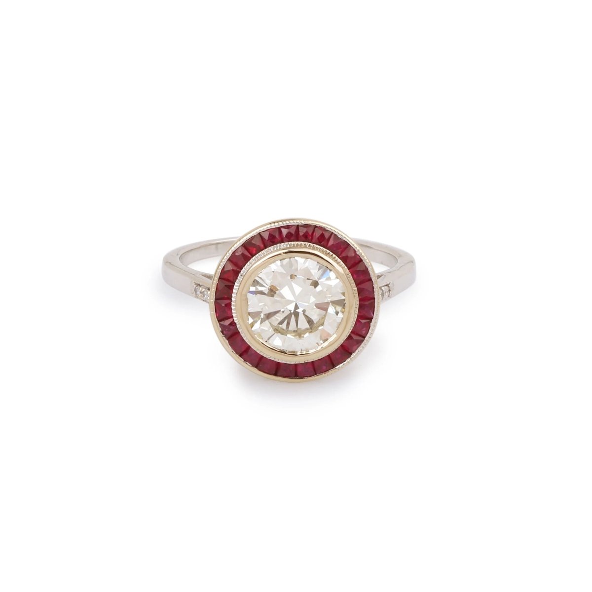 Bague Style Art Déco Diamants 1.50 Carats Rubis Or Gris 18 Carats (Certificat) - Castafiore