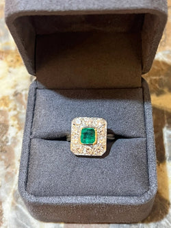 Bague Style Art - Déco Emeraude Colombienne Diamants Platine Or Jaune 18 Carats - Castafiore