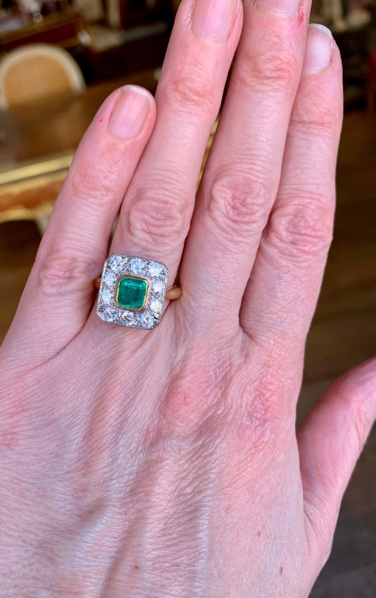 Bague Style Art - Déco Emeraude Colombienne Diamants Platine Or Jaune 18 Carats - Castafiore