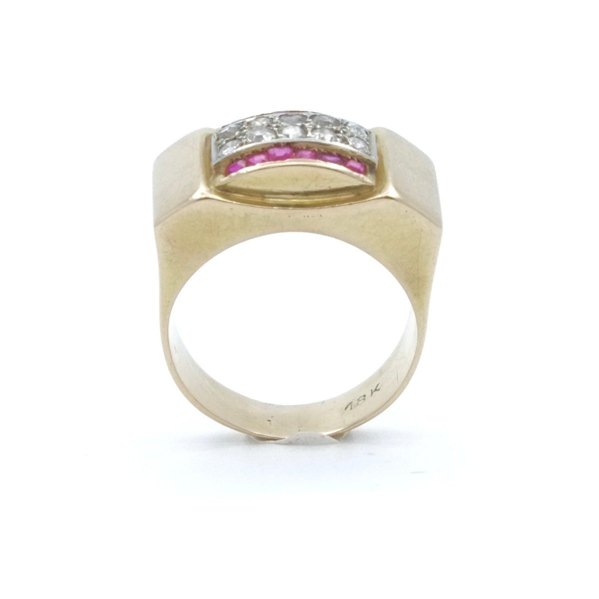 Bague tank arcade en or jaune et or gris avec diamants et rubis - Castafiore