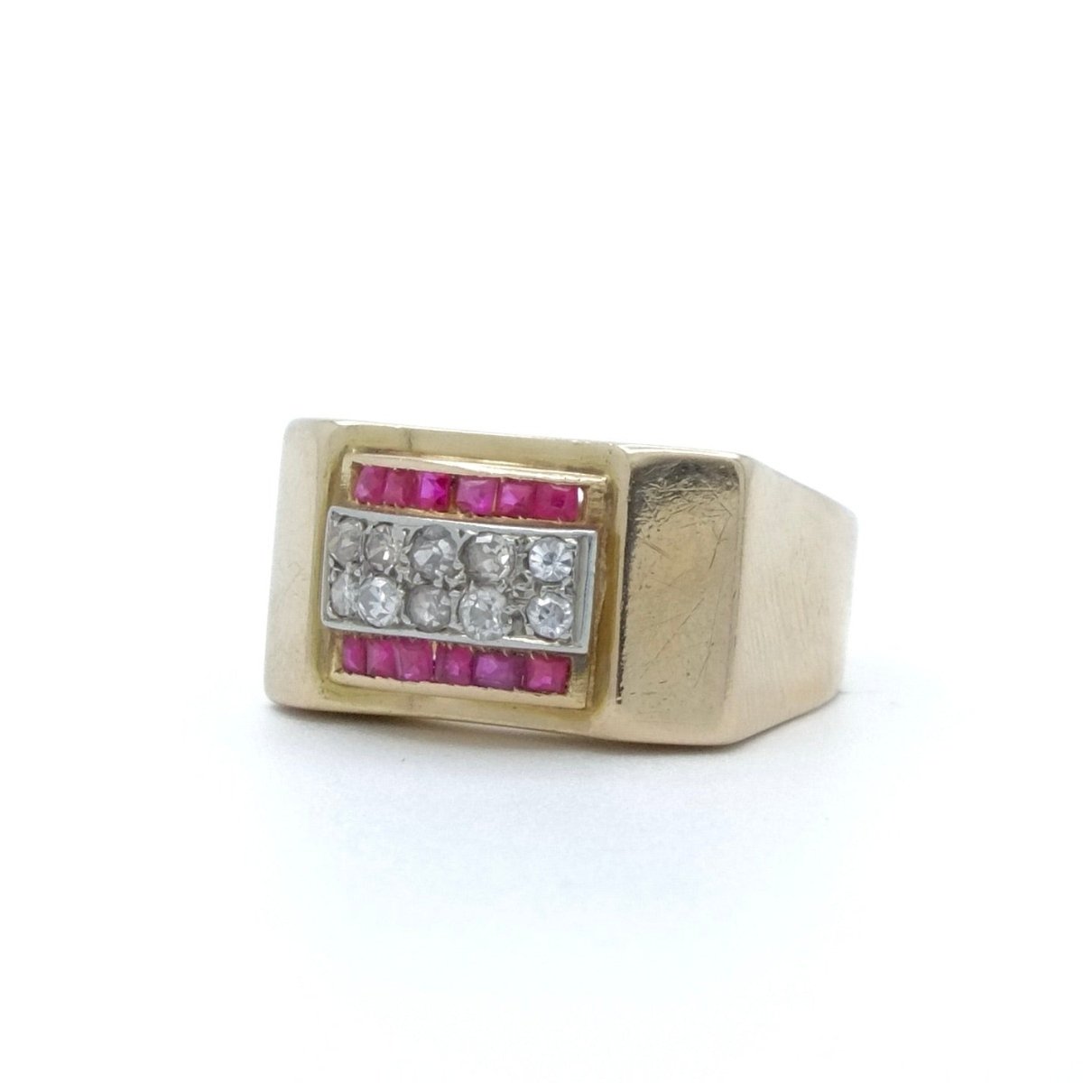 Bague tank arcade en or jaune et or gris avec diamants et rubis - Castafiore
