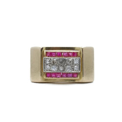 Bague tank arcade en or jaune et or gris avec diamants et rubis - Castafiore