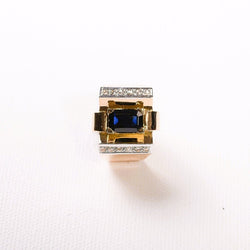 Bague Tank Art Déco saphir diamants en or jaune et blanc