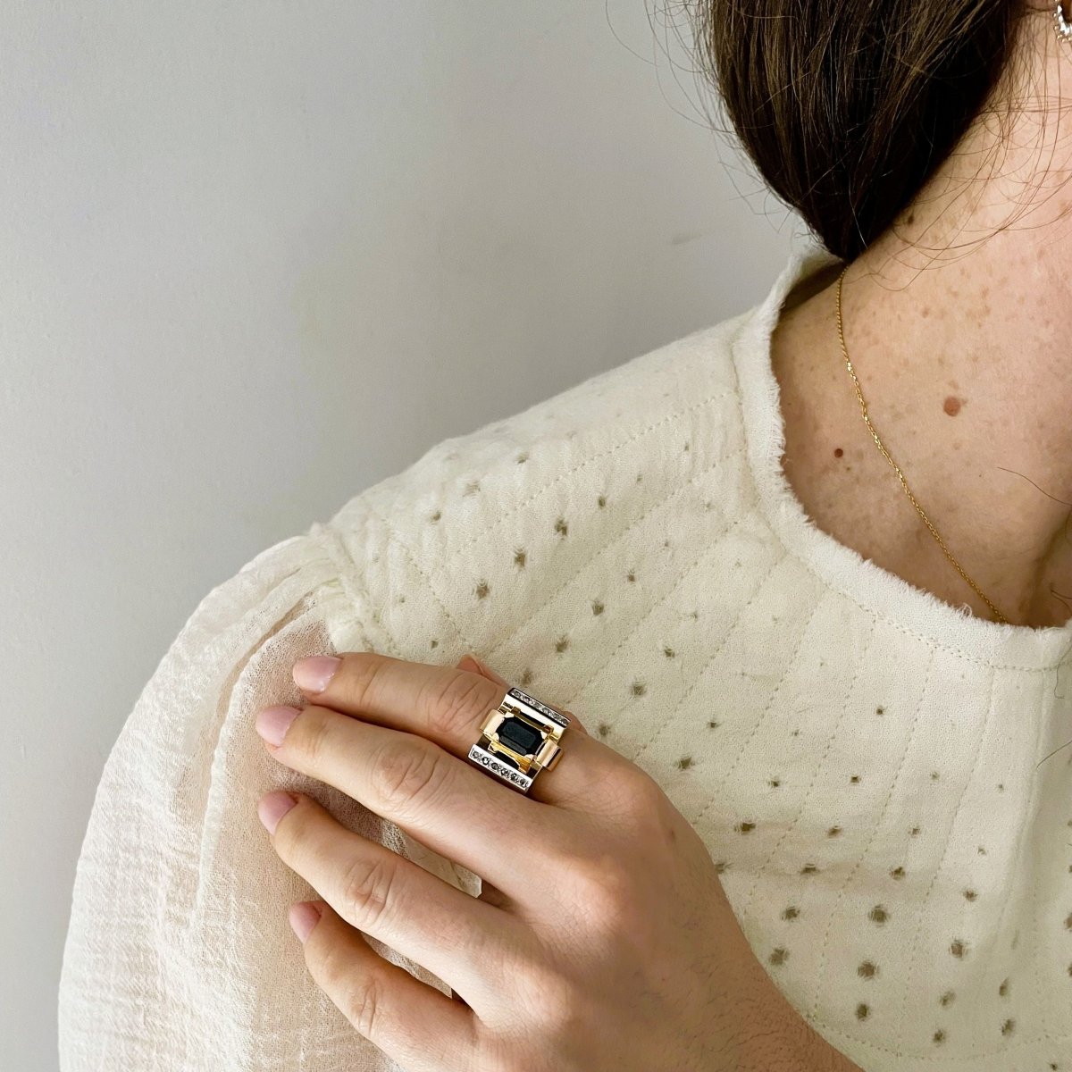 Bague Tank Art Déco saphir diamants en or jaune et blanc