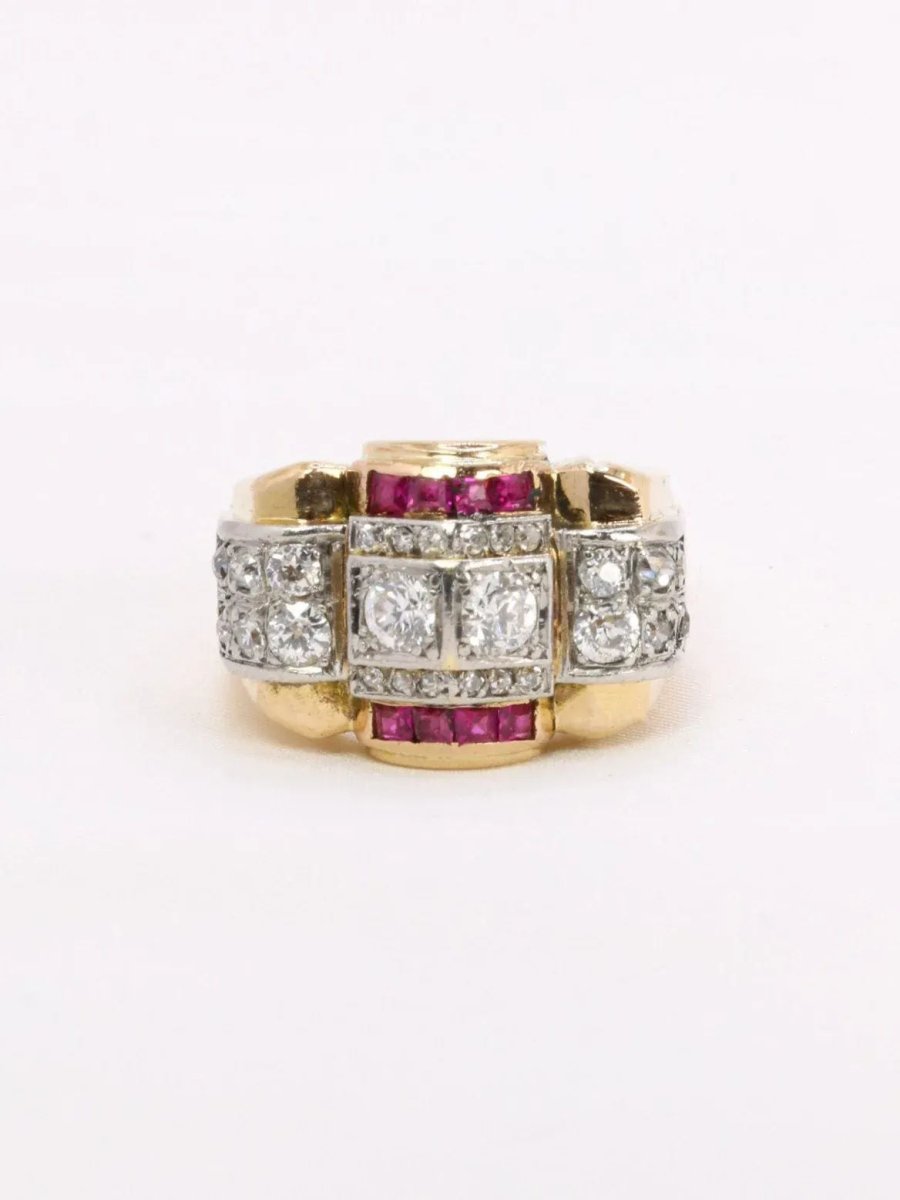 Bague tank diamants rubis calibrés - Castafiore