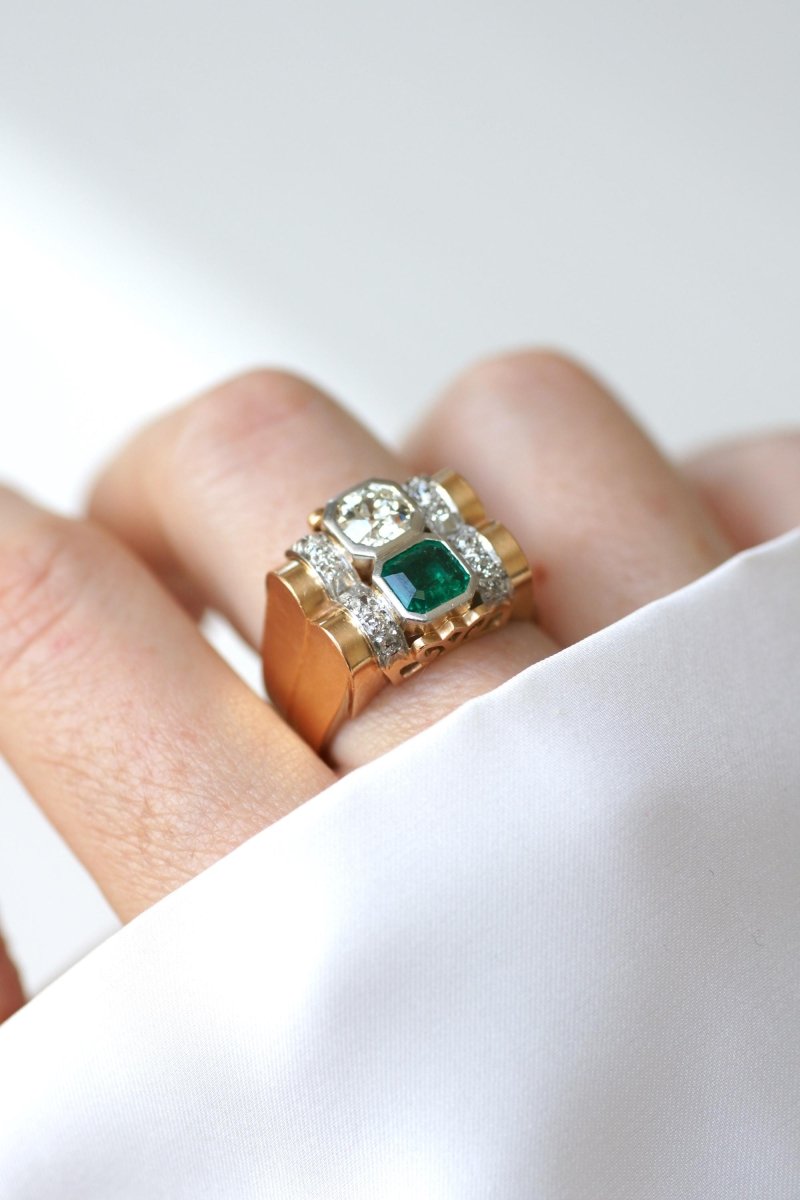 Bague Tank Emeraude Colombienne et Diamants - Castafiore