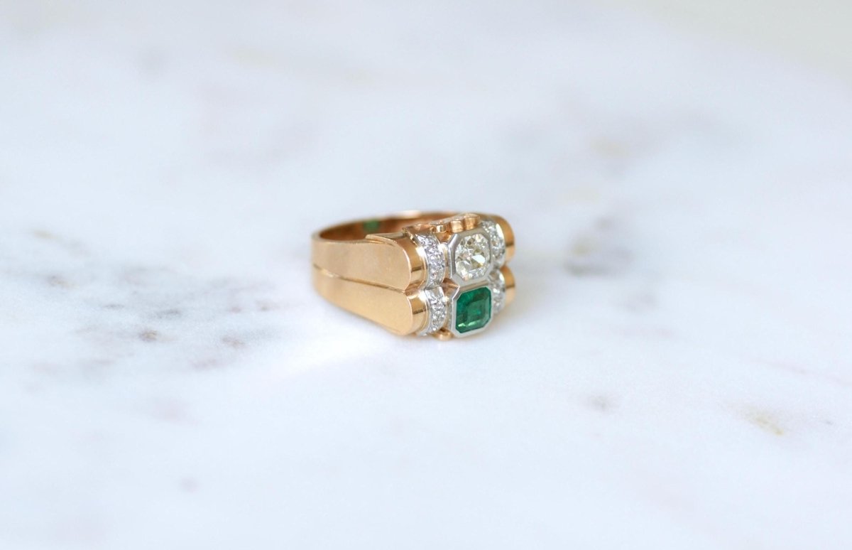 Bague Tank Emeraude Colombienne et Diamants - Castafiore