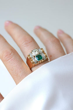 Bague Tank Emeraude Colombienne et Diamants - Castafiore