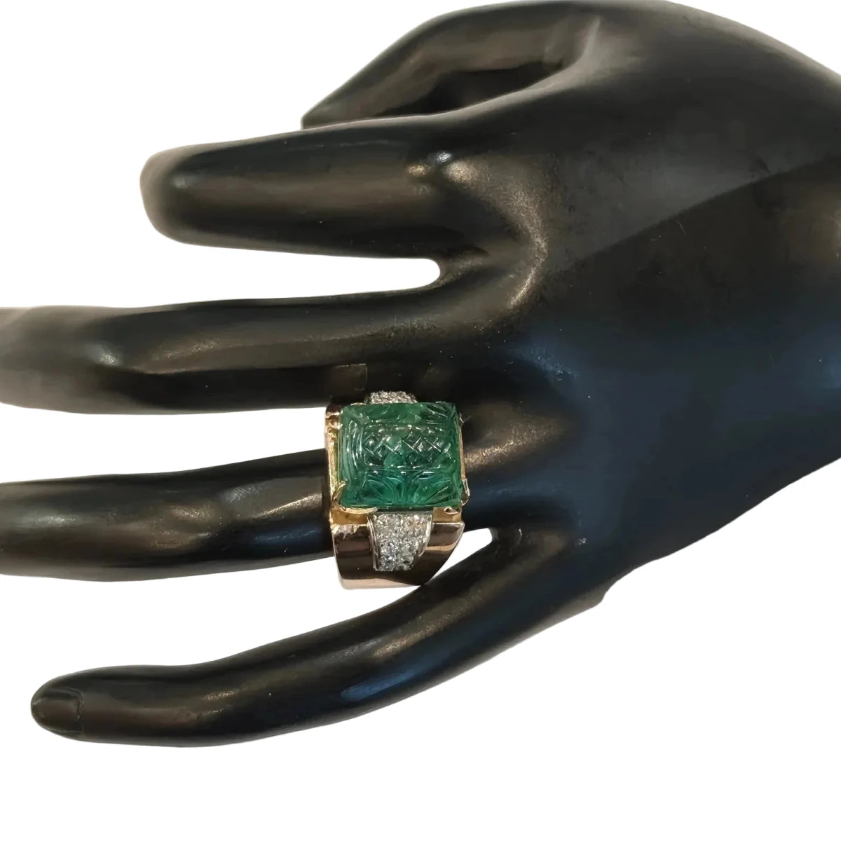 Bague tank en en or blanc, or rose, émeraude et diamants - Castafiore
