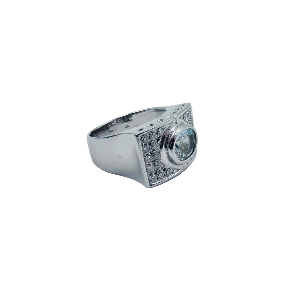 Bague Tank en or blanc, aigue-marine et diamants - Castafiore