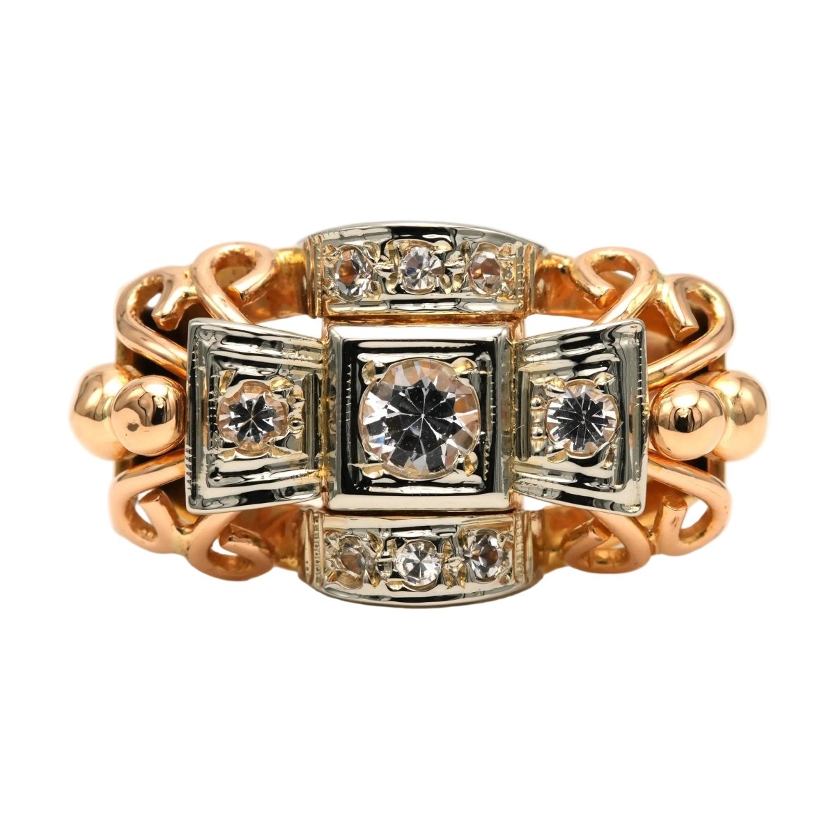 Bague Tank en or blanc, or jaune et zirconiums - Castafiore