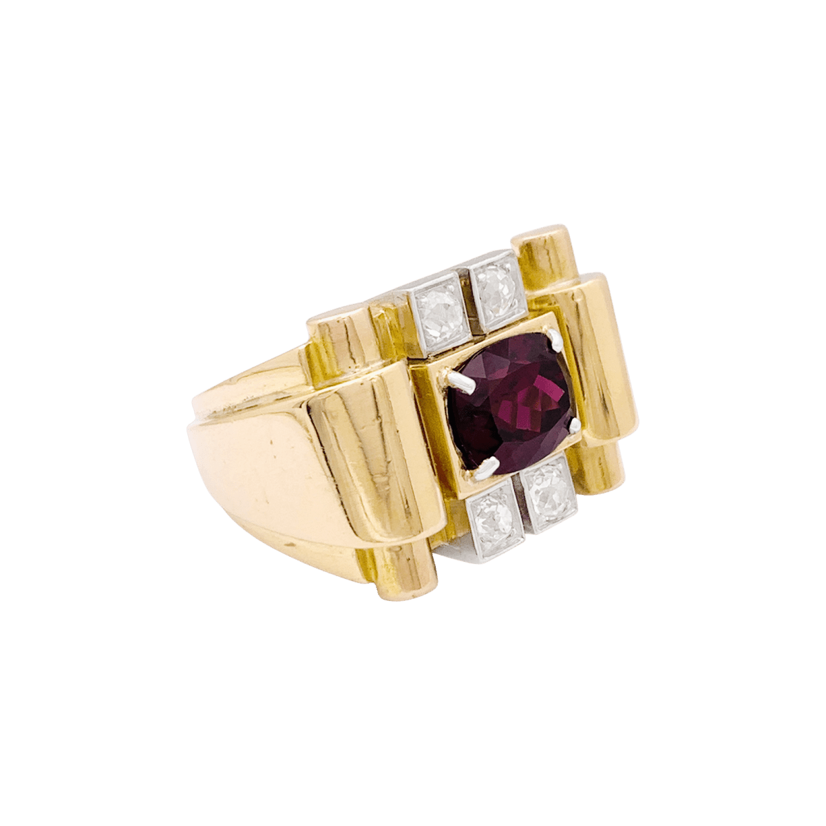 Bague Tank en or blanc, or jaune, grenat et diamants - Castafiore