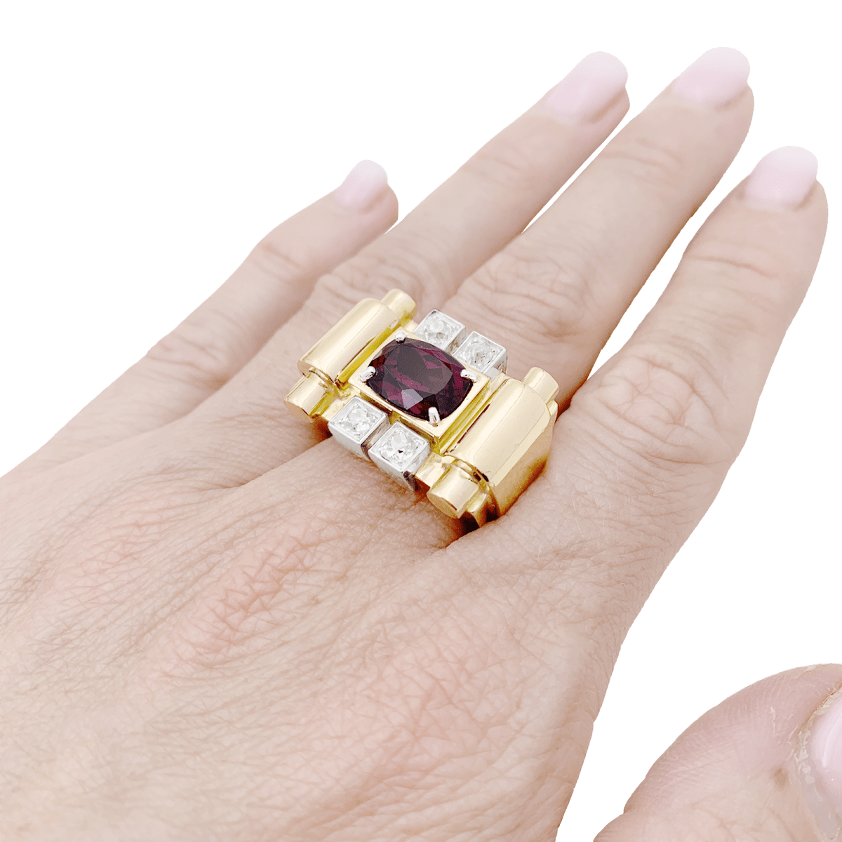 Bague Tank en or blanc, or jaune, grenat et diamants - Castafiore