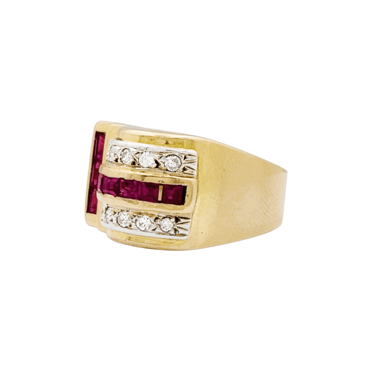Bague Tank en or blanc, or jaune, rubis et diamants - Castafiore