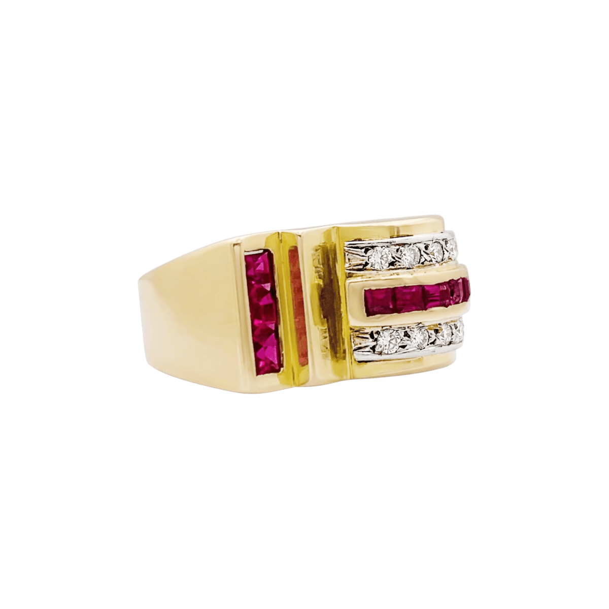 Bague Tank en or blanc, or jaune, rubis et diamants - Castafiore
