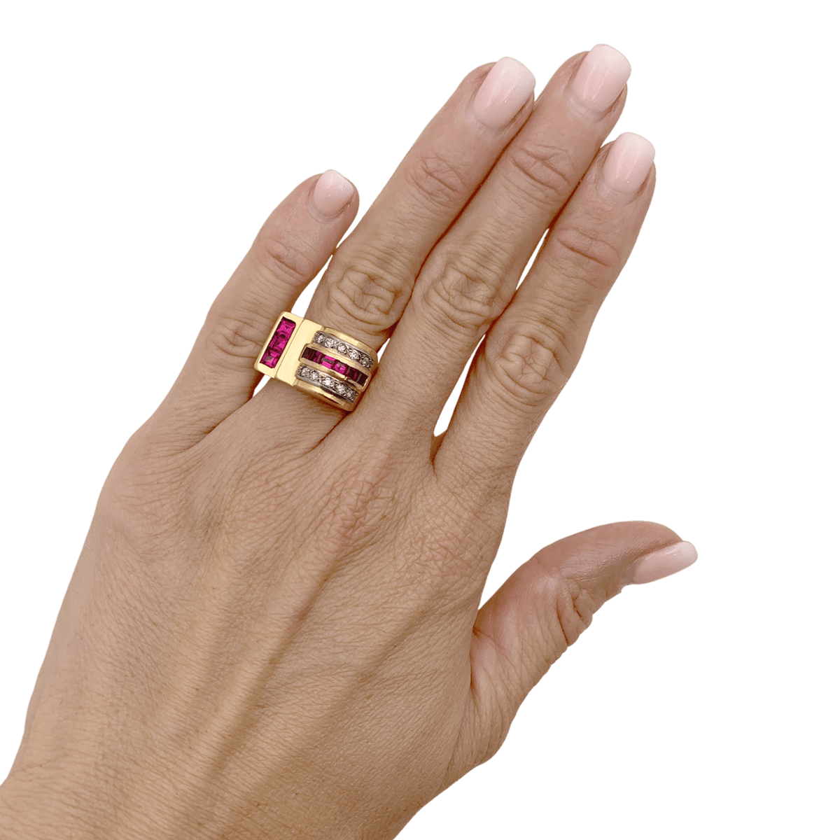 Bague Tank en or blanc, or jaune, rubis et diamants - Castafiore