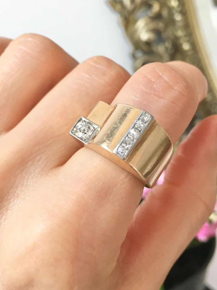 Bague tank en or jaune 18 carats et diamants - Castafiore