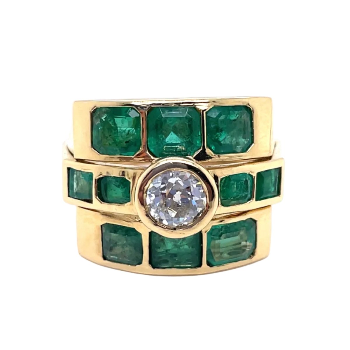 Bague Tank en or jaune, émeraudes et diamants - Castafiore