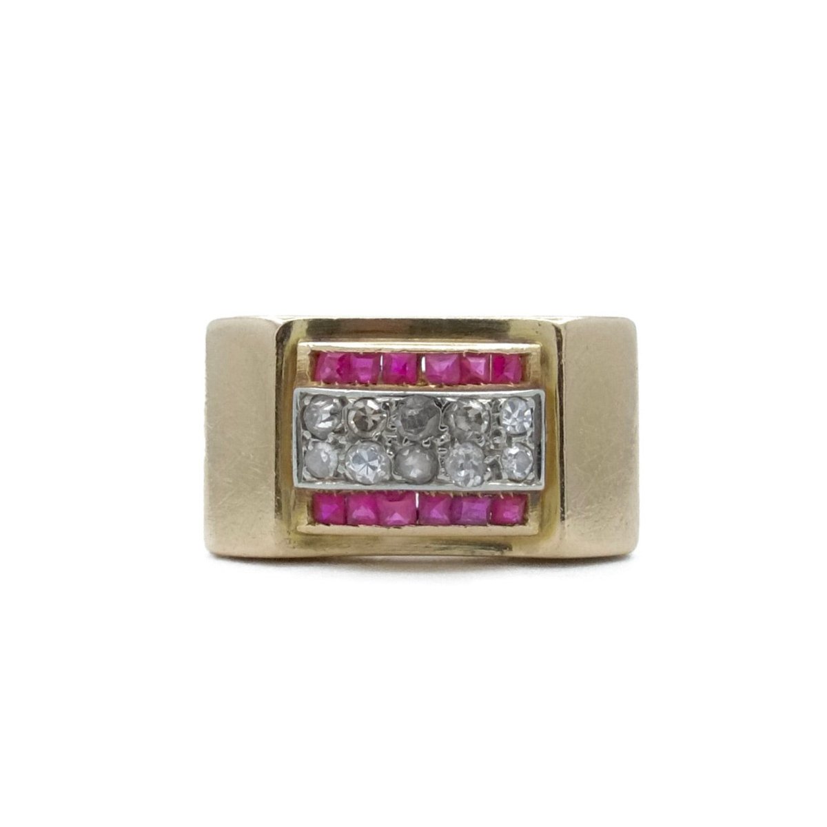 Bague Tank en or jaune, or blanc, rubis et diamants - Castafiore