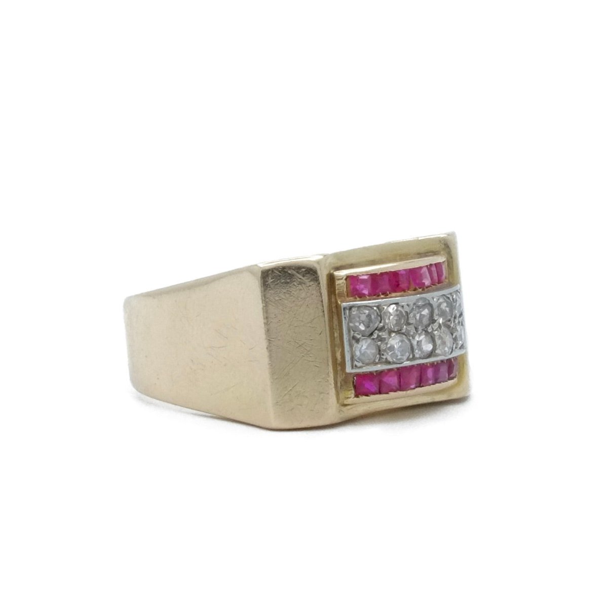 Bague Tank en or jaune, or blanc, rubis et diamants - Castafiore