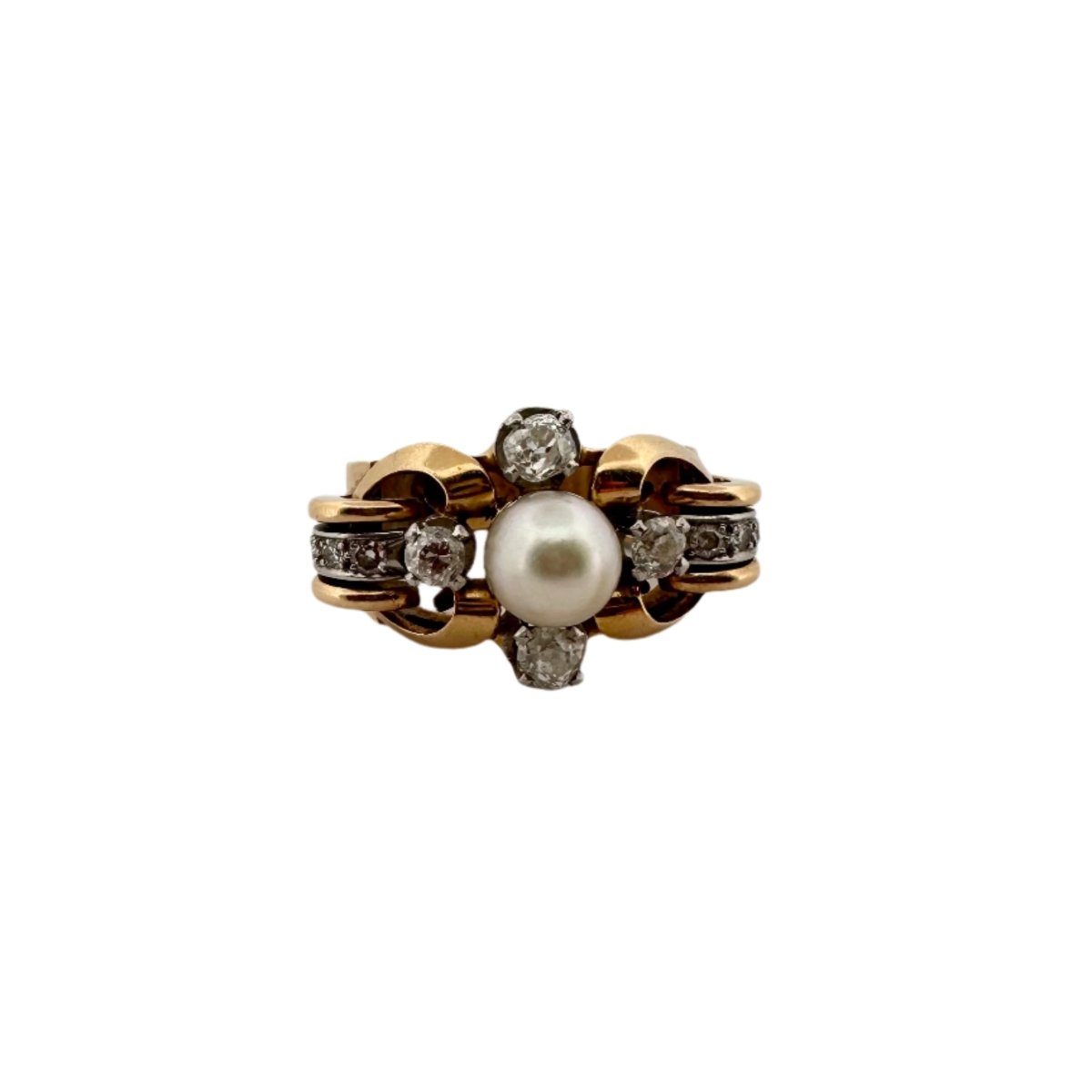 Bague Tank en or jaune, perle et diamants - Castafiore
