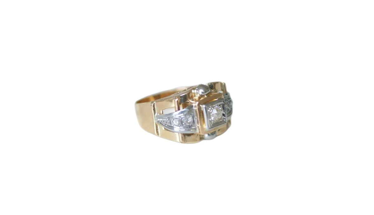 Bague tank en or jaune, platine, et diamants - Castafiore