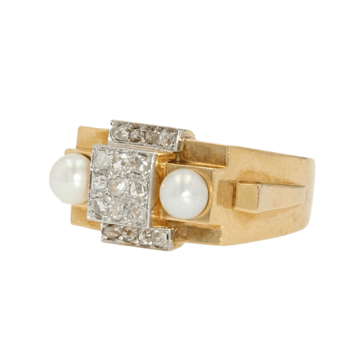 Bague Tank en or jaune, platine, perles et diamants - Castafiore