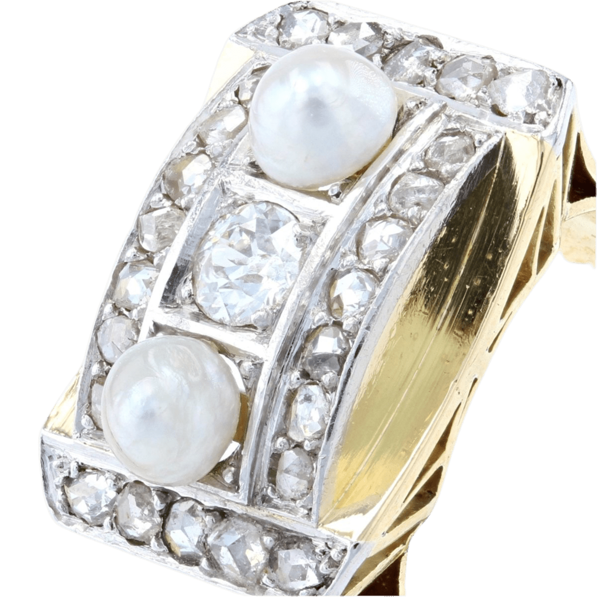 Bague Tank en or jaune, platine, perles et diamants - Castafiore