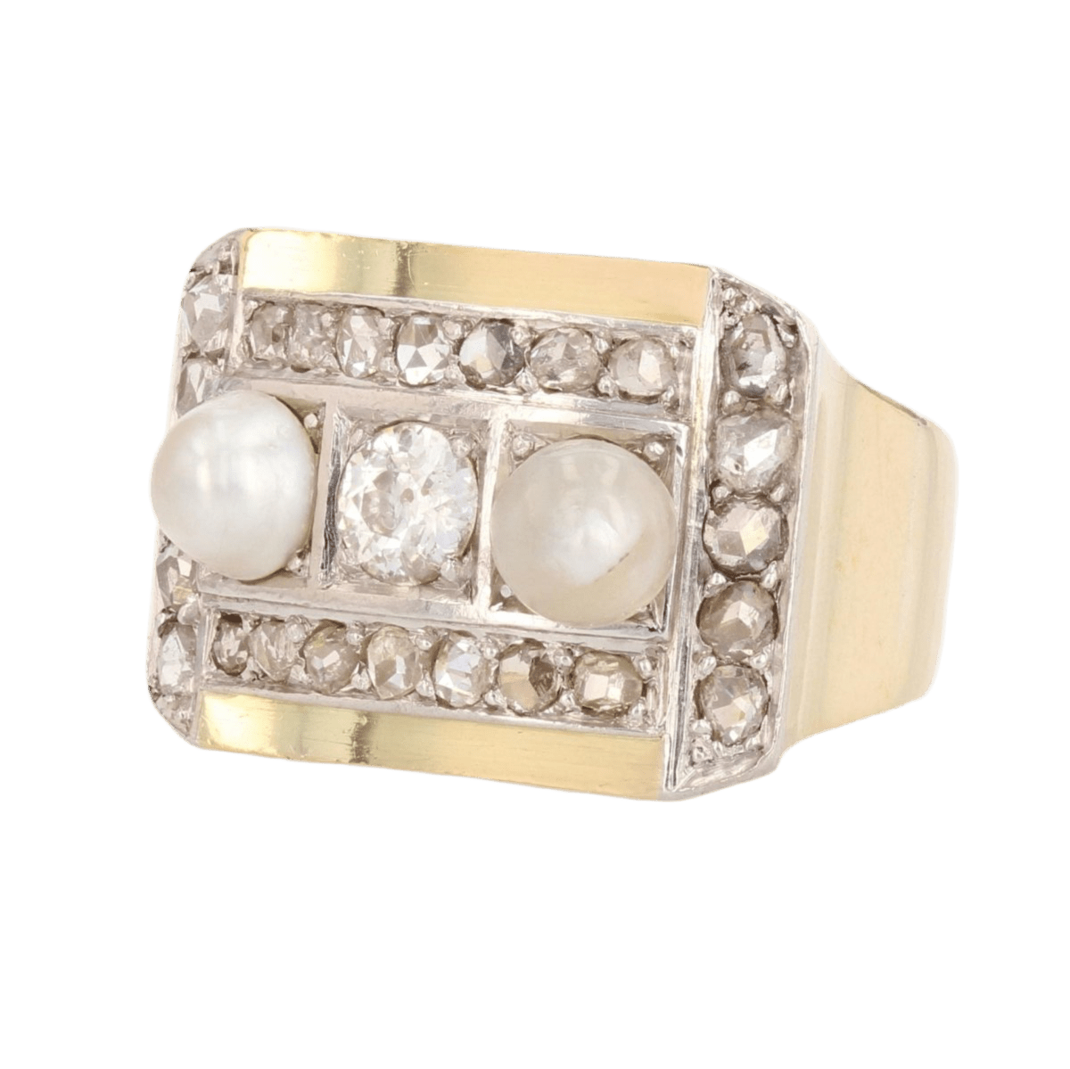 Bague Tank en or jaune, platine, perles et diamants - Castafiore