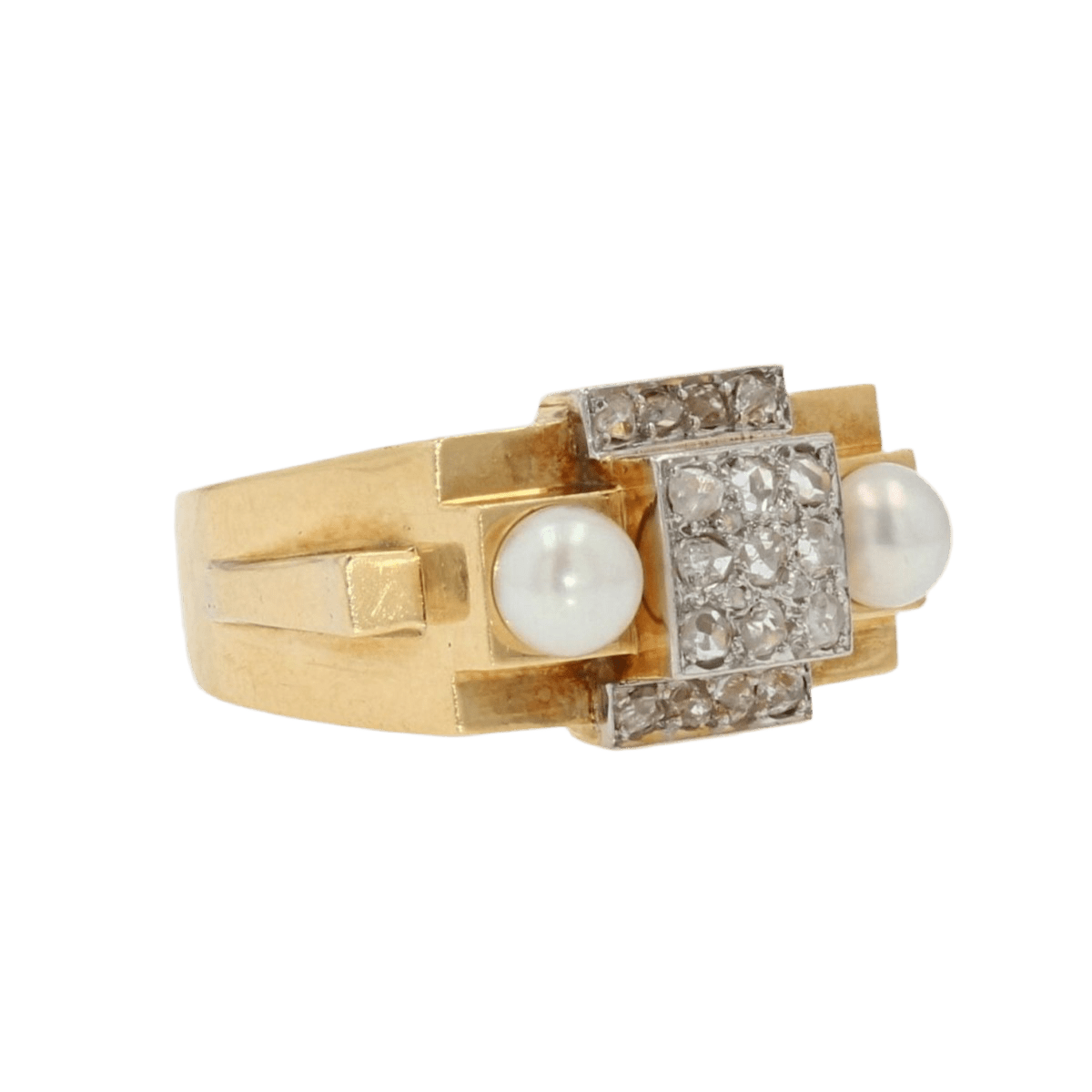 Bague Tank en or jaune, platine, perles et diamants - Castafiore