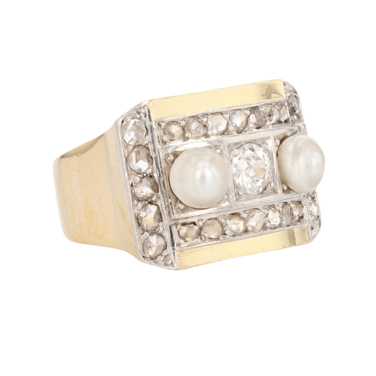 Bague Tank en or jaune, platine, perles et diamants - Castafiore